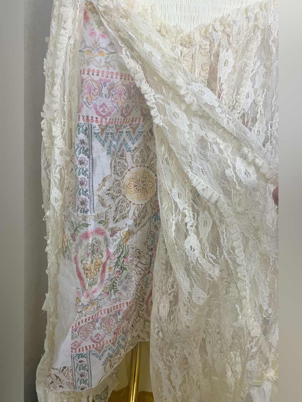 POL Boho Lace Maxi Skirt L Ivory Floral Lace Ruffle Multicolor Lining - Picture 5 of 6